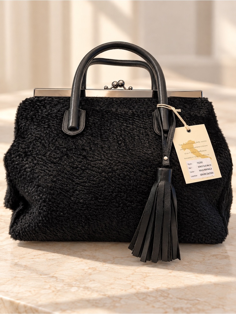 Alberto Di Canio Black Astrakan Fur & Leather Kiss-Lock Satchel Handbag NWTS